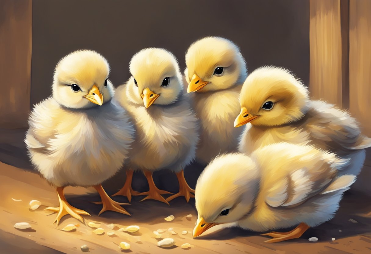 Newborn chicks huddle under a heat lamp, surrounded by feed and water, as they grow and develop in their first weeks of life