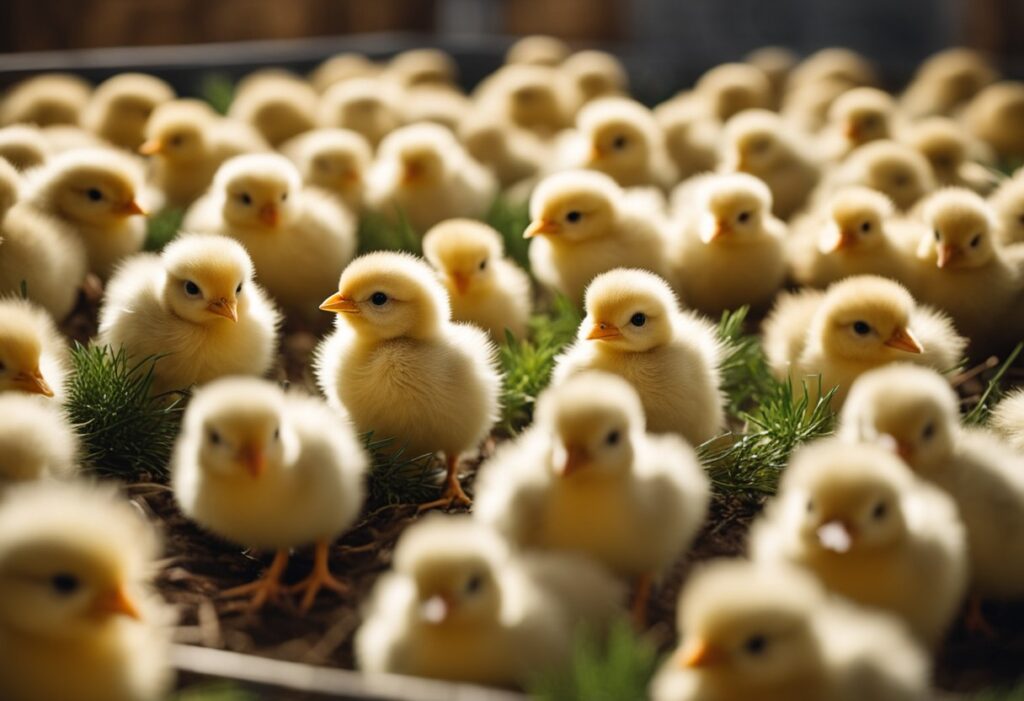 Chicks growing in a cozy, warm environment. A watchful eye monitors their health and growth, noting changes week by week