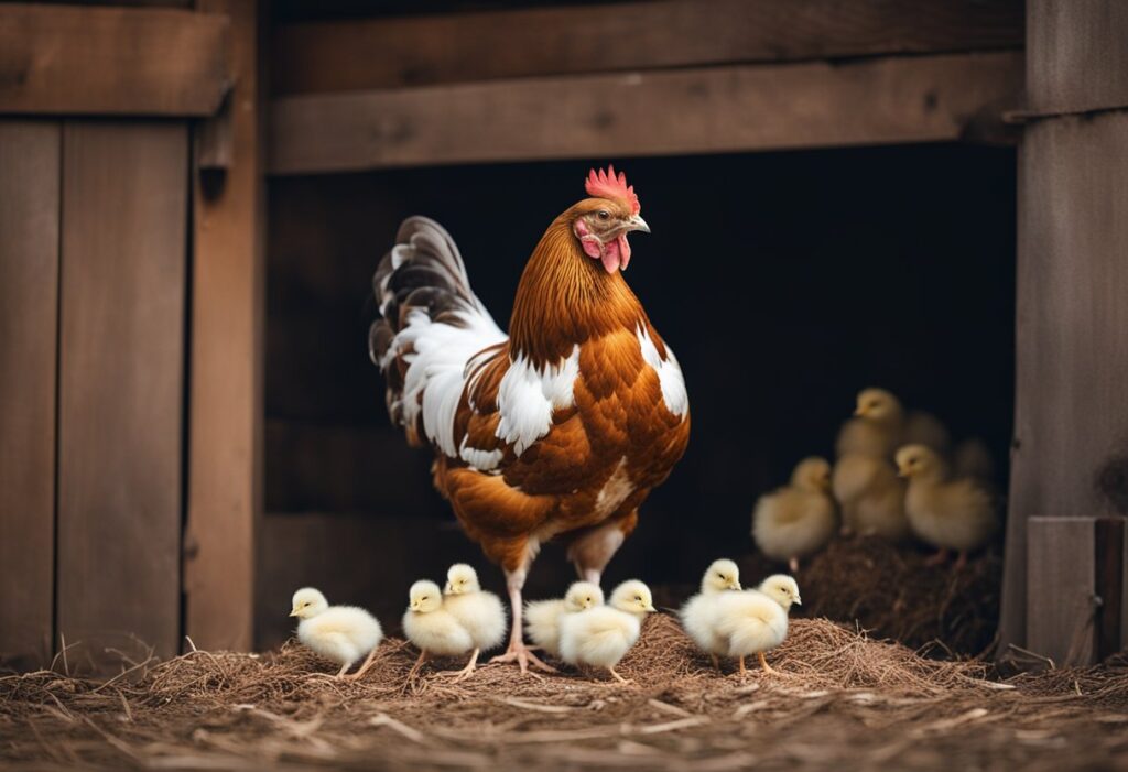 A hen standing over a nest of fluffy chicks, feeding them worms and seeds, in a cozy barn setting