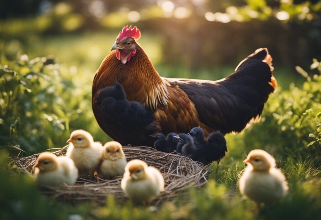 A hen watches over her chicks, as they grow week by week in their cozy nest
