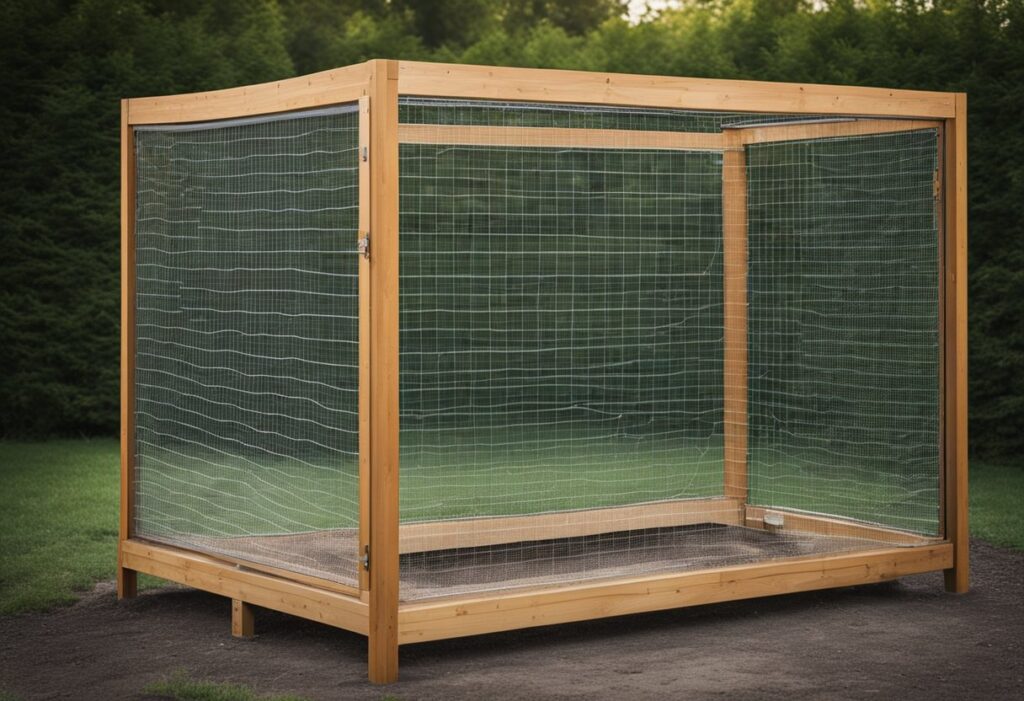 A sturdy wooden frame supports a wire mesh enclosure, with a hinged door and a sloped roof to protect from the elements