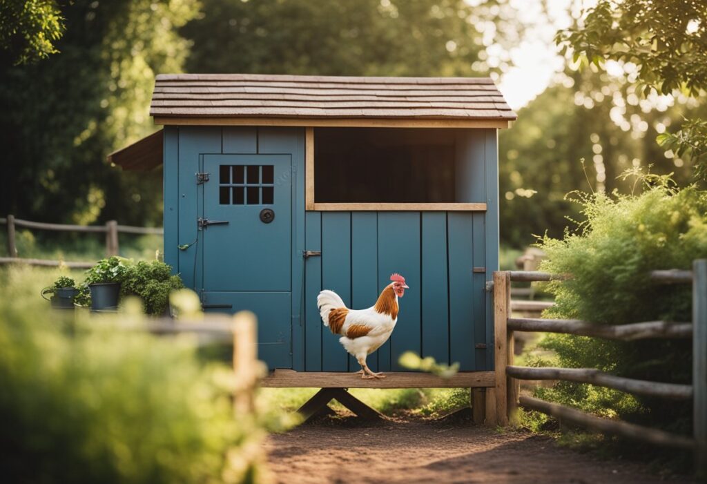 A rustic chicken run with a wooden cottage coop, lush green surroundings, and a clear blue sky