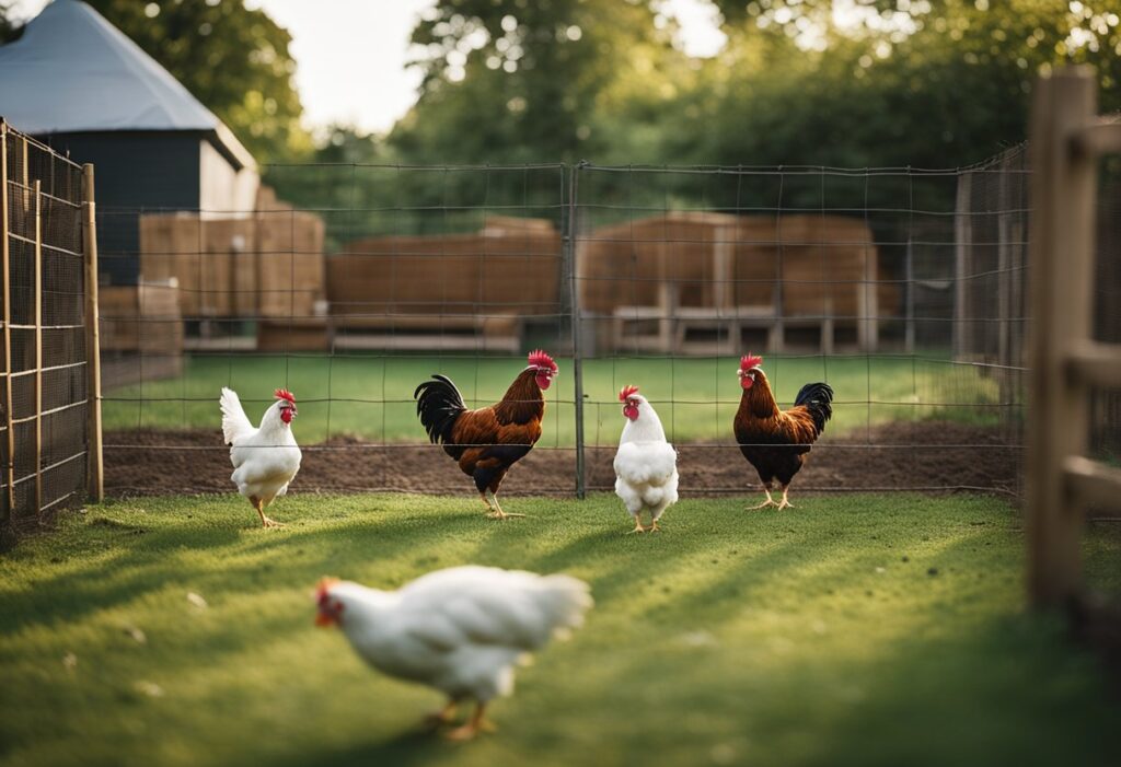 Chickens roam freely in a lush, spacious DIY chicken run, while a smaller, pre-built run sits nearby. The DIY run features natural materials and ample space for the chickens to move around