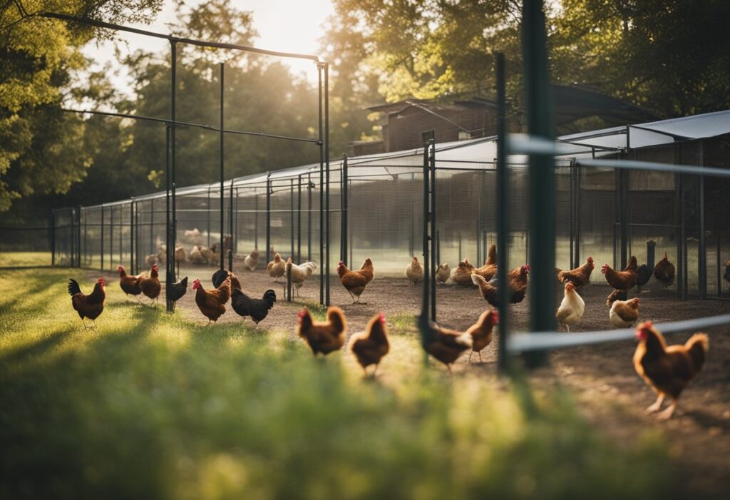 Chickens roam freely in fenced area with secure coop, automatic door, and predator-proofing