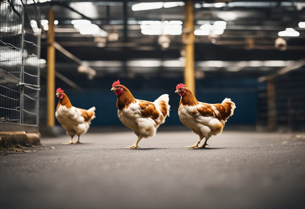 Chickens roam freely in a spacious, enclosed area with clear signage indicating legal compliance