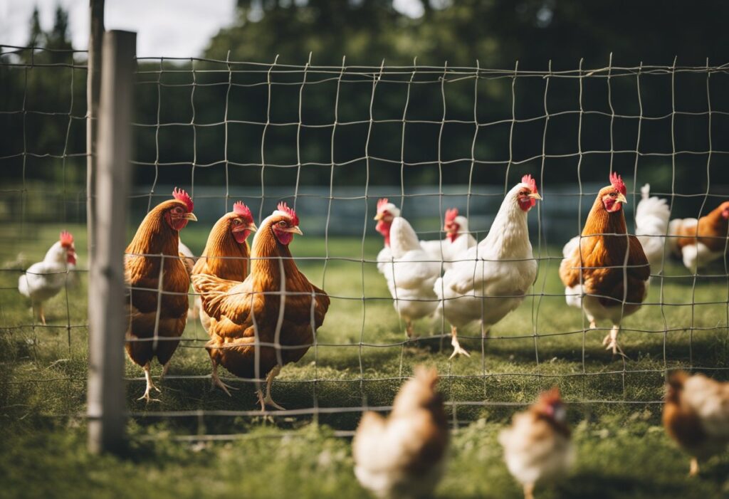 A group of chickens roam freely in a spacious and secure chicken run, enjoying their top-rated accommodations