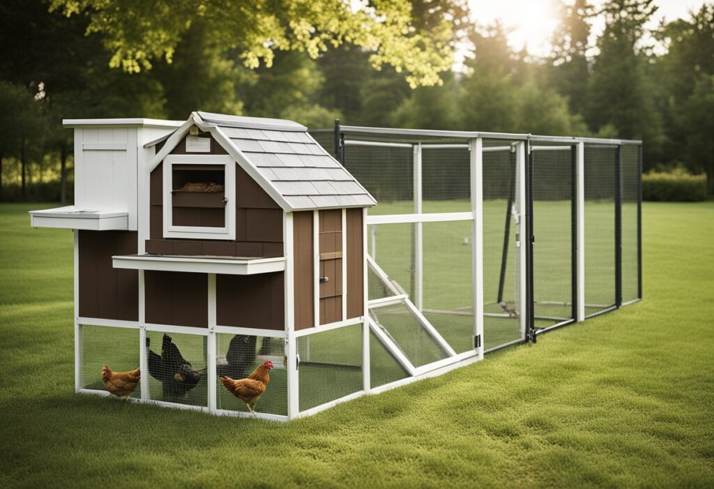 A chicken coop with a variety of accessories and enhancements, such as feeders, waterers, nesting boxes, and a secure fencing system