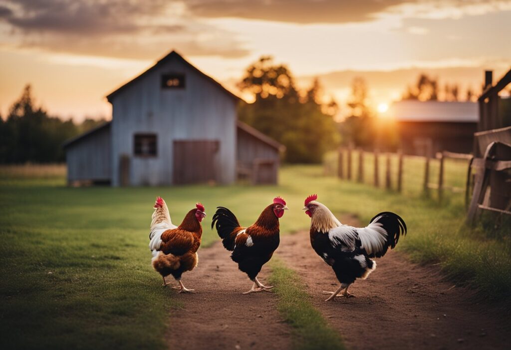 Chickens sprinting towards the safety of their coop at dusk