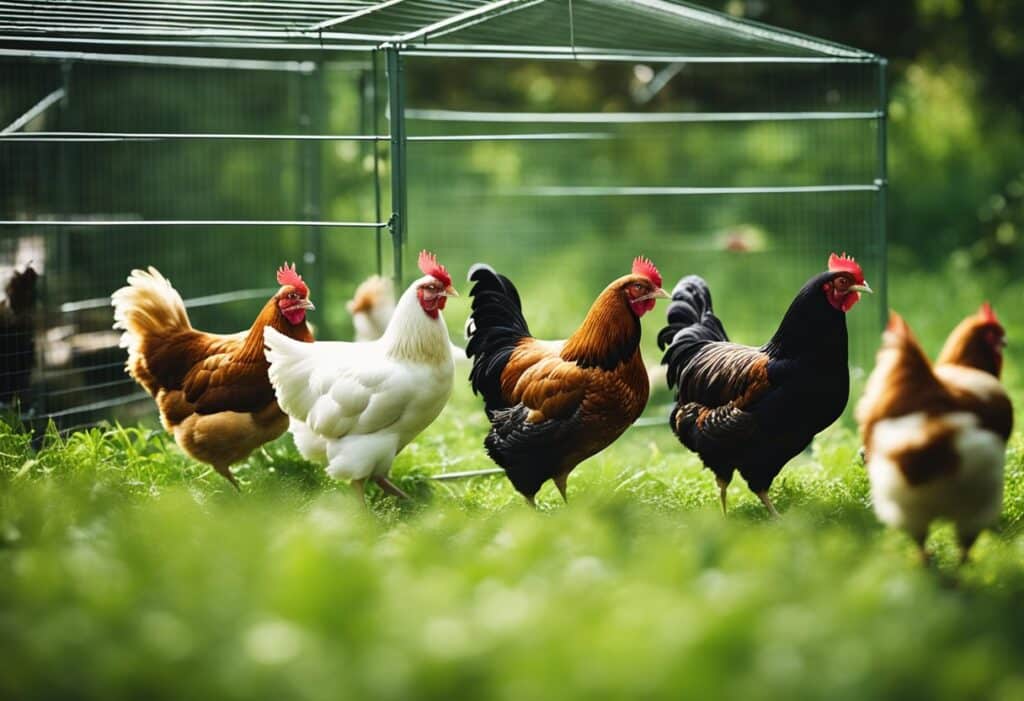 A flock of chickens roam freely in a spacious and clean coop, surrounded by lush greenery. The chickens appear healthy and active, with no signs of disease