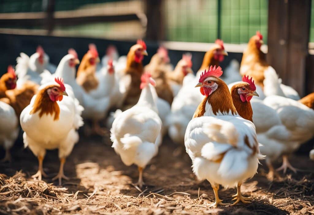 A group of chickens in a clean and spacious coop, with a variety of healthy feed and clean water available. The chickens are active and alert, with bright eyes and vibrant feathers, indicating good health