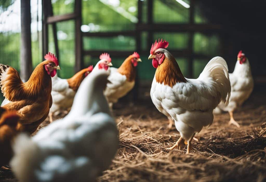 Chickens roam freely in a spacious, clean coop with ample natural light. A variety of healthy feed and fresh water is available. The chickens appear lively and well-cared for