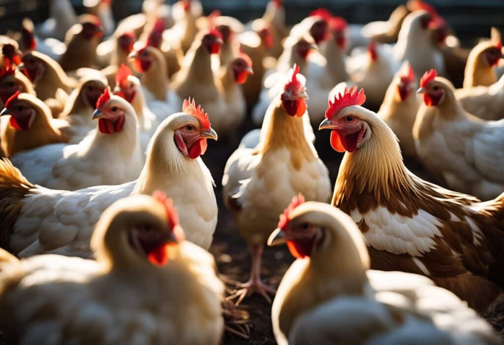 A group of healthy chickens roam freely in a spacious and clean coop, with access to fresh water and a variety of nutritious feed