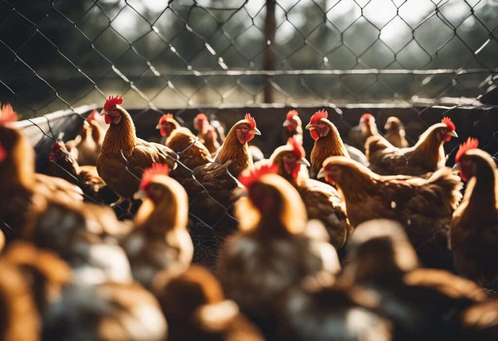 A flock of chickens in a clean, spacious coop, with access to fresh water and feed. Some chickens are pecking at the ground, while others are perched on roosts