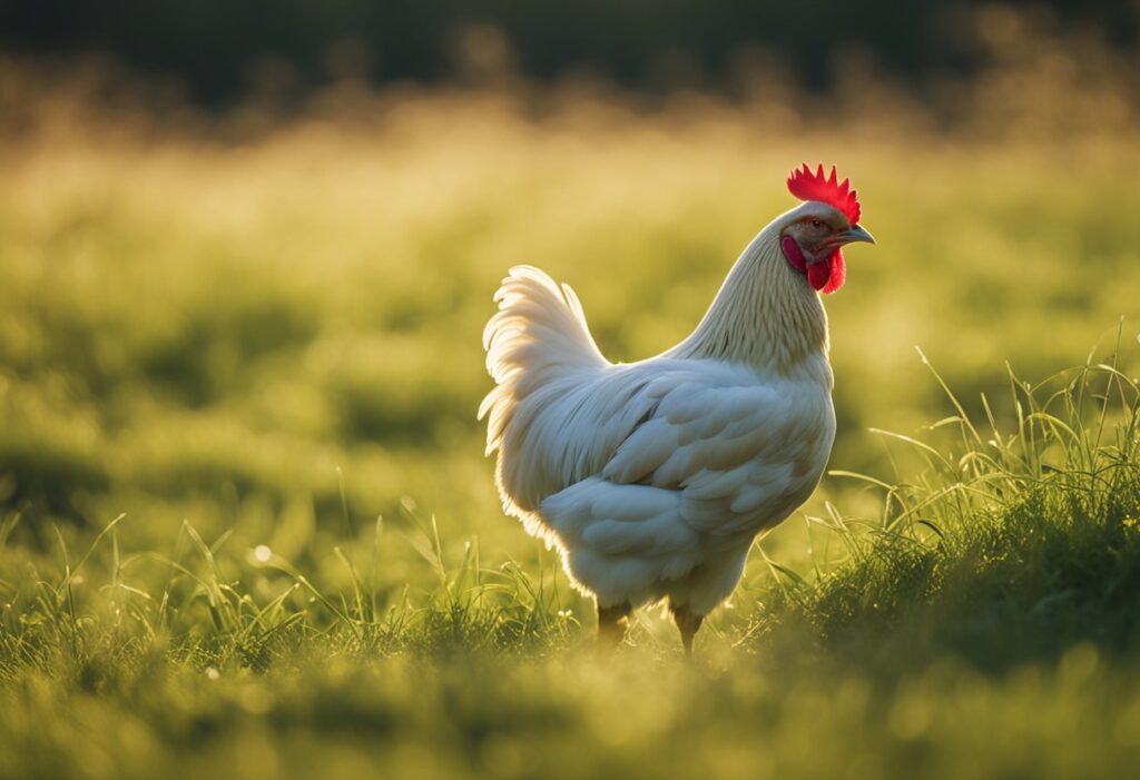 A Sussex chicken stands proudly in a grassy field, its vibrant red feathers shining in the sunlight as it pecks at the ground