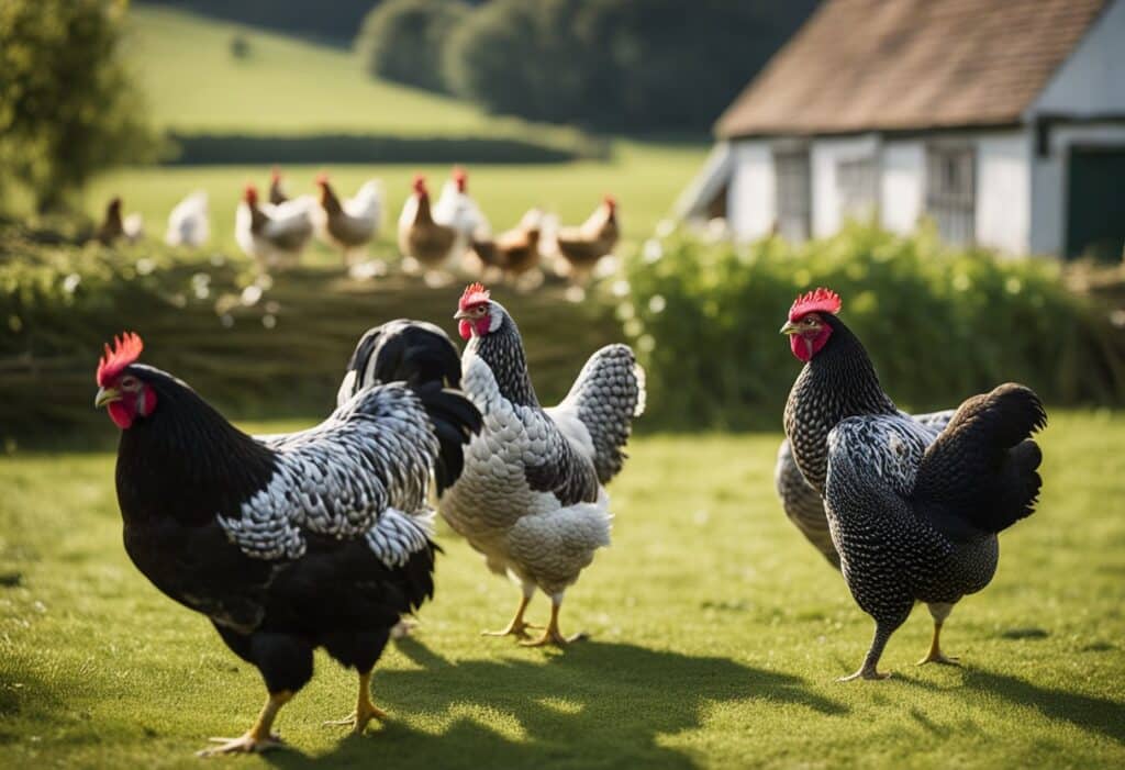 A group of Sussex chickens roam freely in a rural setting, with a historic farmhouse in the background. The chickens display the breed's distinct white and black plumage, while the landscape reflects the breed's origins in the English county of Sussex
