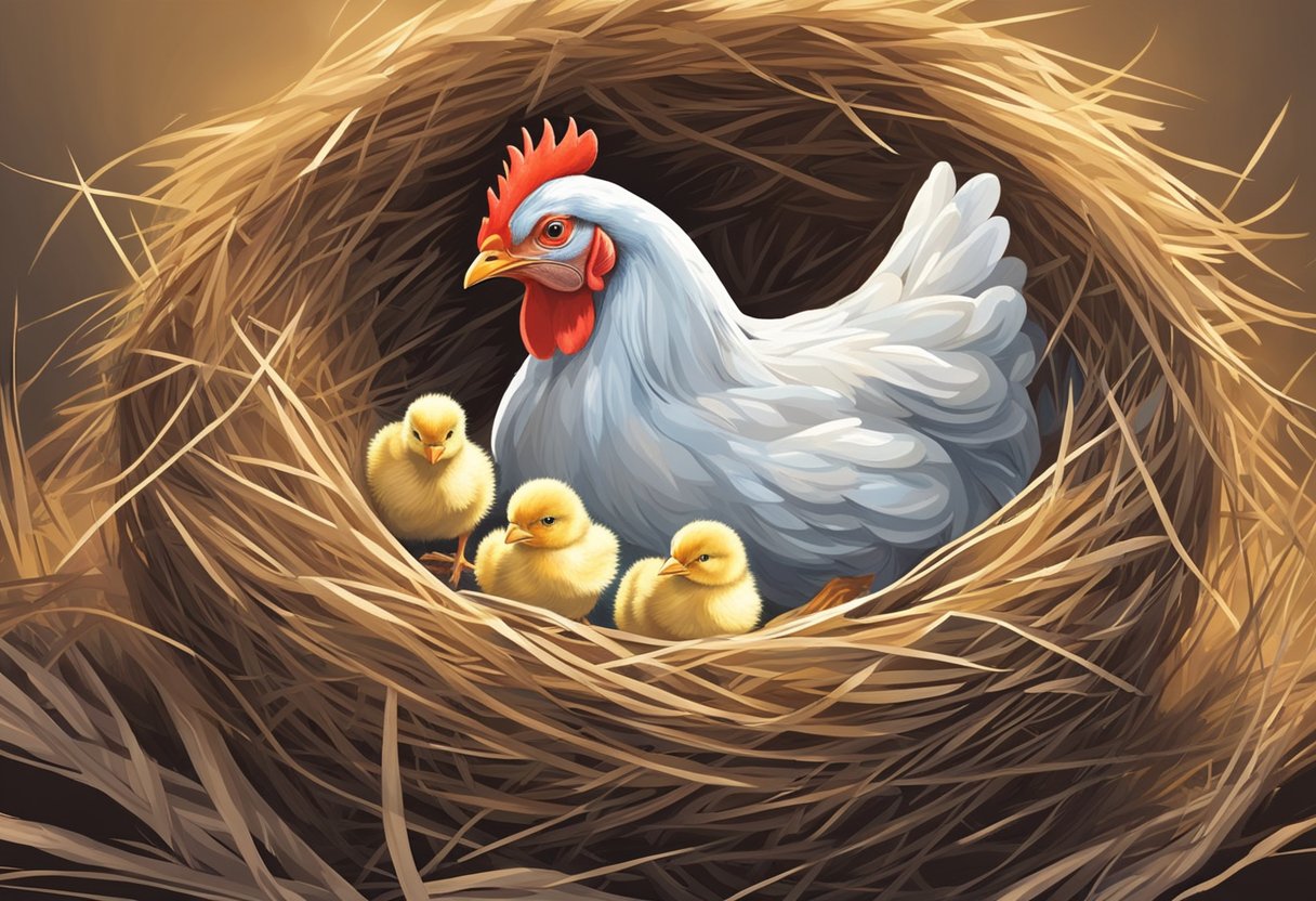 A hen tenderly tends to her fluffy newborn chicks in a cozy nest of straw, providing warmth and protection