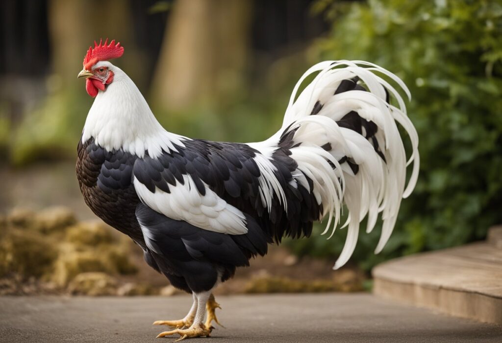 A Sussex chicken stands tall, with a broad, deep body and a long, well-rounded tail. Its feathers are a mix of white, black, and brown, creating a striking and elegant appearance