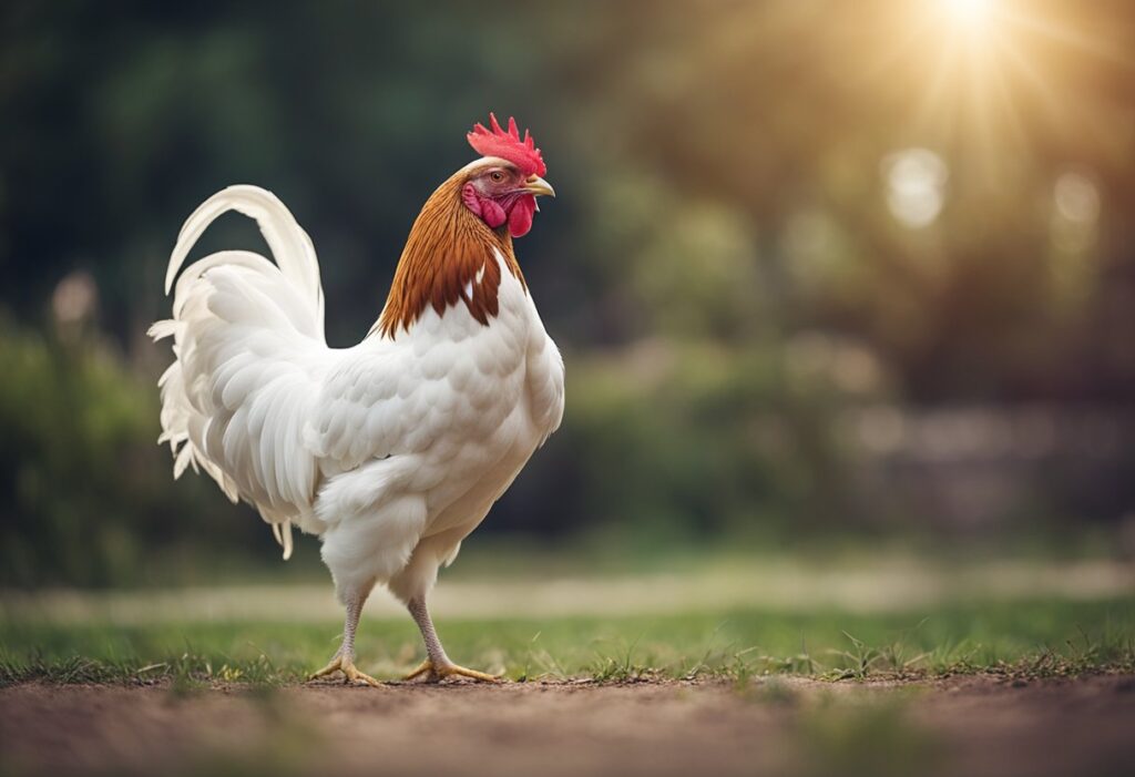 A Leghorn cockerel stands on one leg, feathers ruffled, head held high, with a proud and alert expression.