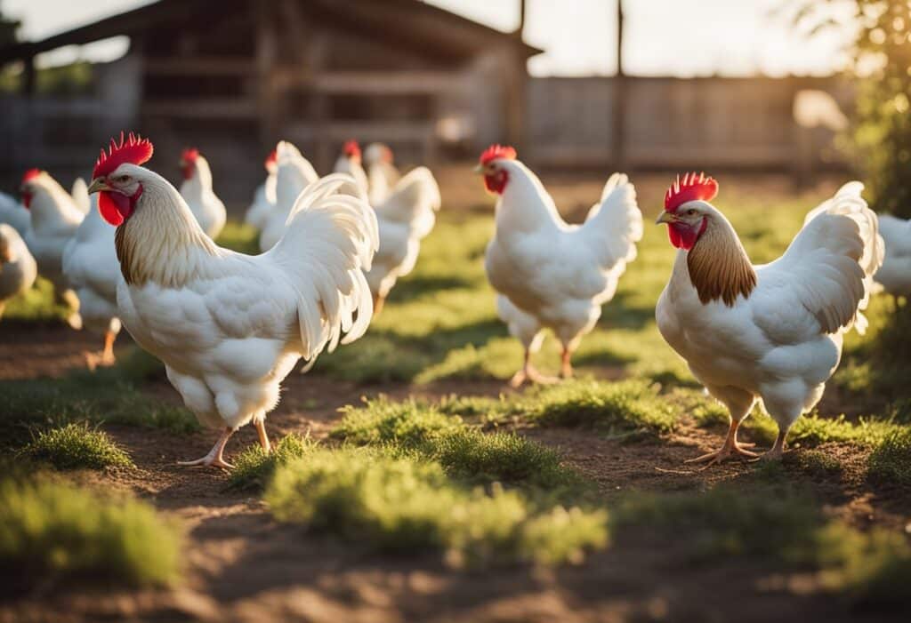 A group of Leghorns roam freely in a spacious, well-lit modern farming environment, with clean and organized coops and ample space for the chickens to move around