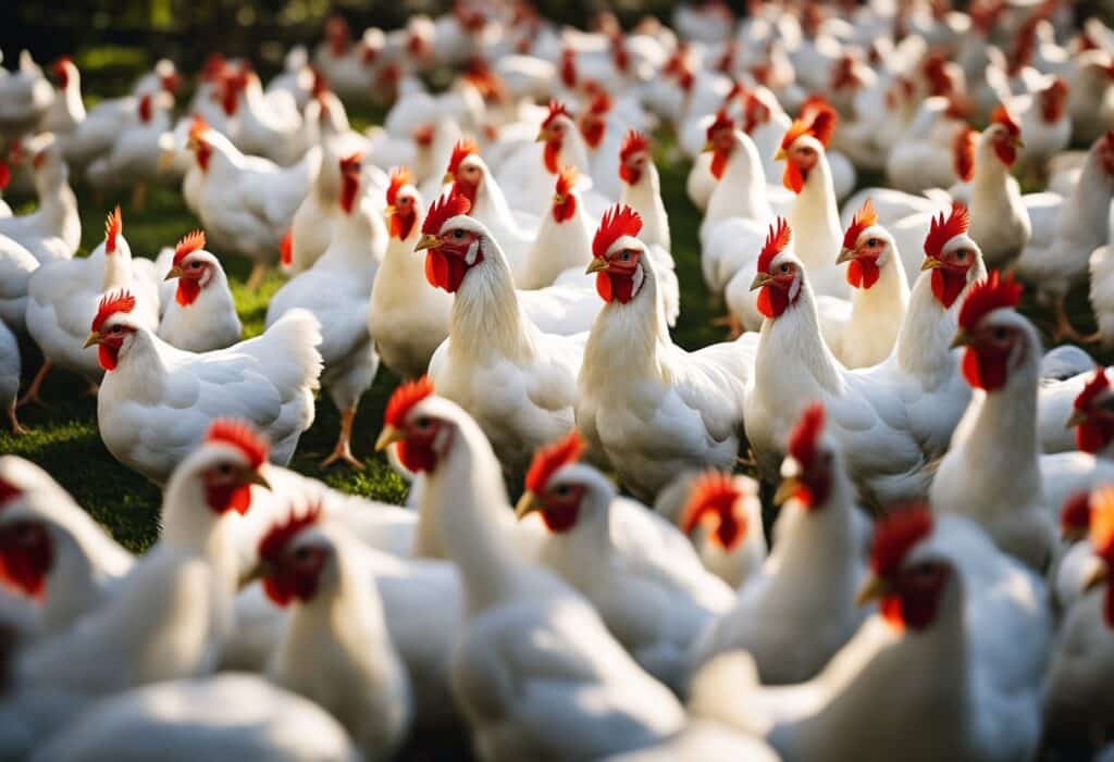 A flock of Leghorn hens roam freely in diverse environments worldwide, showcasing their adaptability to various climates and terrains