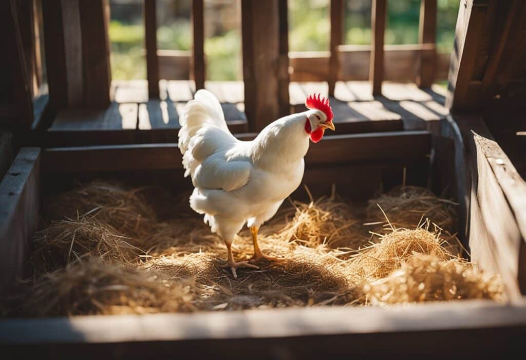 A Leghorn chicken lays eggs in a nest inside a cozy, rustic chicken coop. Sunlight filters through the slats, casting soft shadows on the straw-covered floor