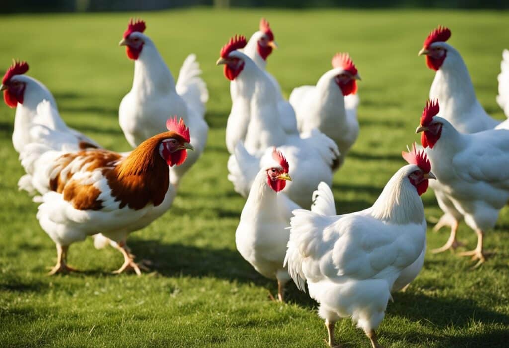A flock of Leghorn chickens roam freely in a spacious, grassy yard. The chickens come in a variety of colors, including white, brown, and black, with distinctive upright combs and bright, alert eyes