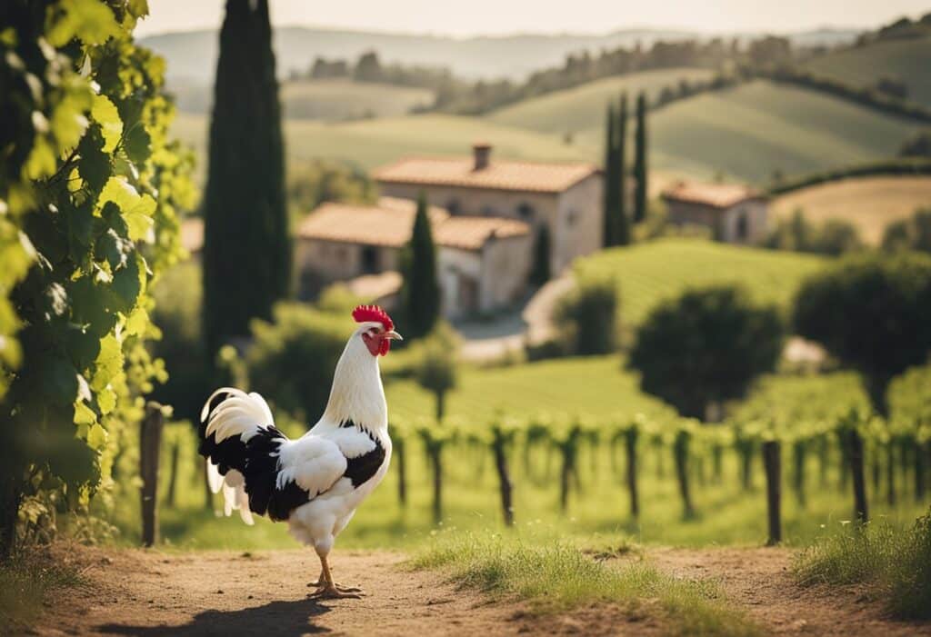 A Leghorn chicken roams a rustic Italian farmyard, surrounded by rolling hills and vineyards, with a traditional Tuscan farmhouse in the background