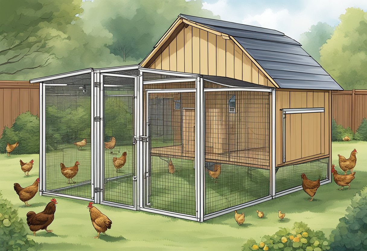 A sturdy chicken coop surrounded by a tall fence with a secure gate. Motion-activated lights and sound deterrents are installed to keep coyotes away