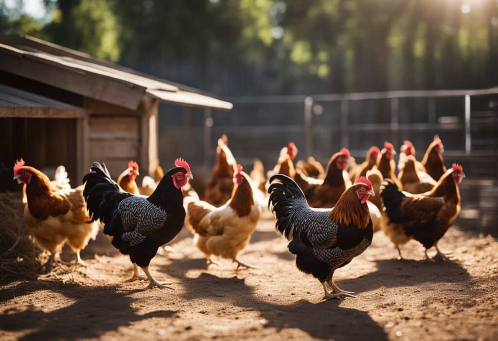 Chickens roam freely in a spacious, sunlit coop. Feed and water containers are visible. The chickens appear healthy and active