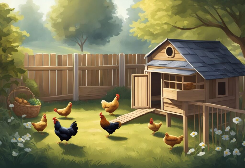 A cozy backyard with a small chicken coop, a few chickens pecking at the ground, and a basket filled with freshly laid eggs