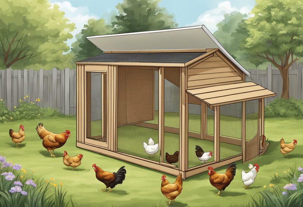 Chickens roam in a spacious backyard coop, laying eggs in nesting boxes. A cost-saving chart hangs on the wall nearby