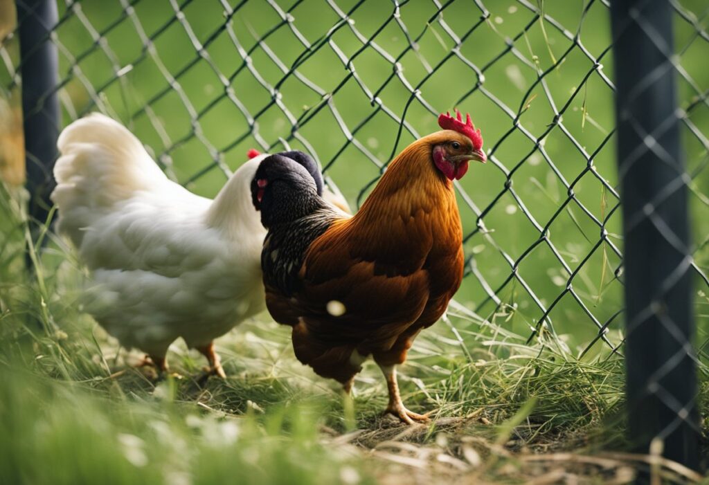 Chickens peck at grass, bugs, and seeds in a fenced yard