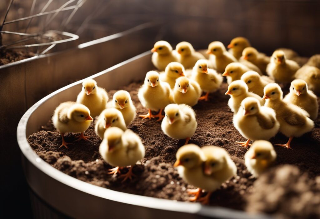 Chicks growing in a cozy, well-lit space, with a heat lamp and plenty of food and water. Each week, they are noticeably bigger and more active