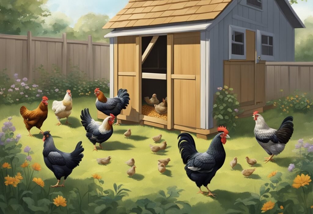 Chickens pecking in a tidy backyard coop, while but rats could scurry around the edges
