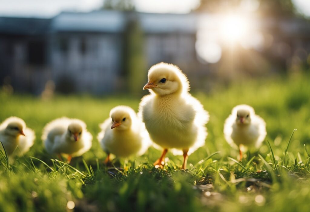 Chicks explore outdoor environment, peck at grass, and interact with natural elements during weeks 7-8 of acclimation