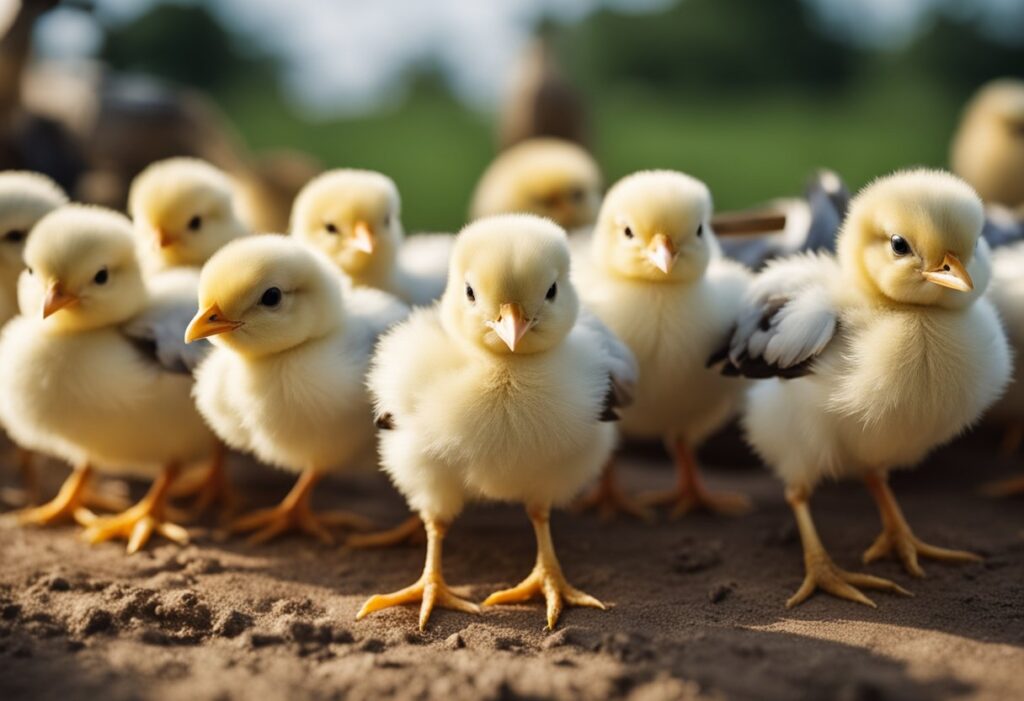 Chicks lined up for health check and vaccination, surrounded by various equipment and a caring farmer