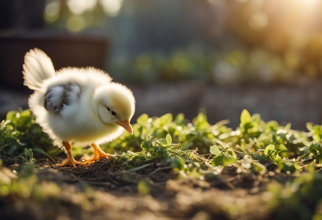 Chicks growing in a cozy, warm environment with food and water readily available. They are beginning to develop feathers and becoming more active