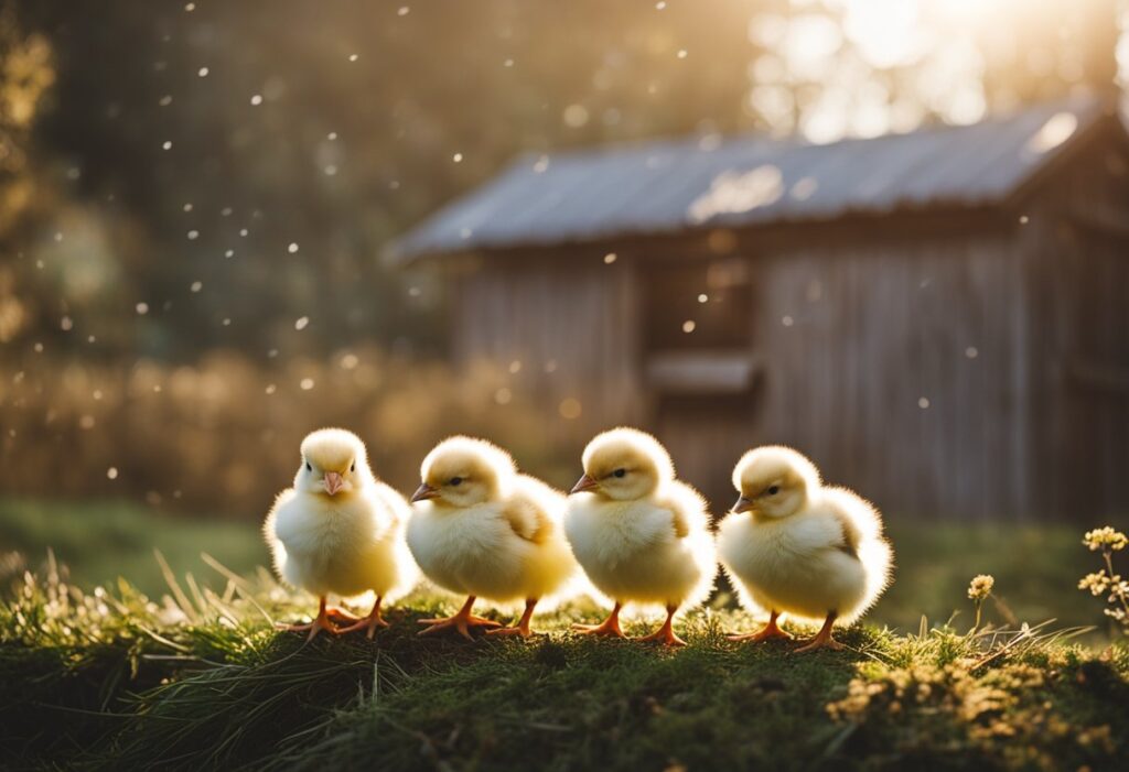 Chicks in a cozy, warm environment with feeders and waterers, growing and exploring their surroundings week by week