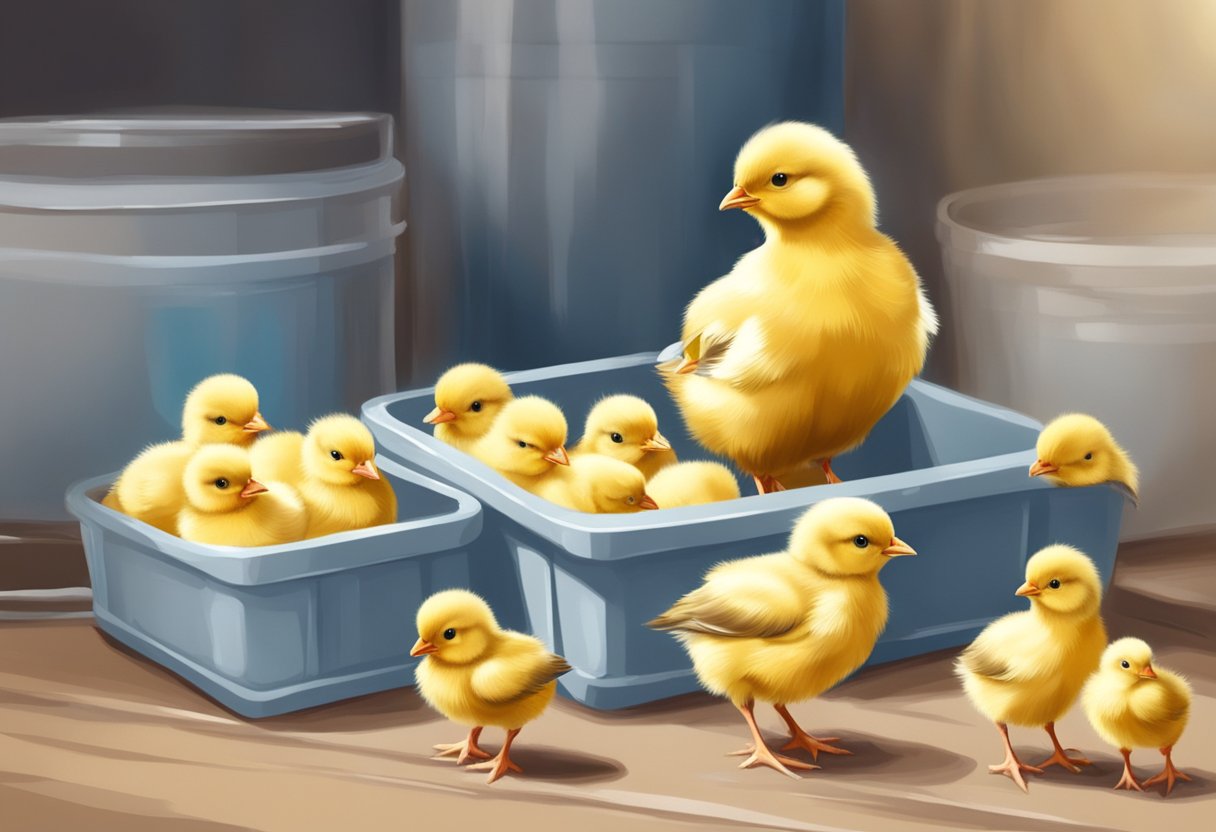 Newborn chicks in a warm, clean environment with access to fresh water and specialized feed, being monitored for signs of distress or illness
